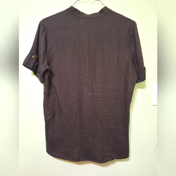 NWOT Chico's women's size 1 US 8 100% linen brown shortsleeve button up top - Picture 4 of 7